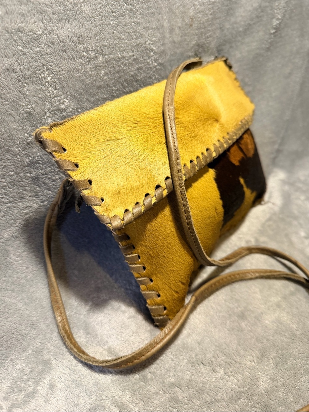 Handmade Genuine Hair On Cowhide Crossbody Bag w/ Whipstitch Trim - Picture 6 of 12